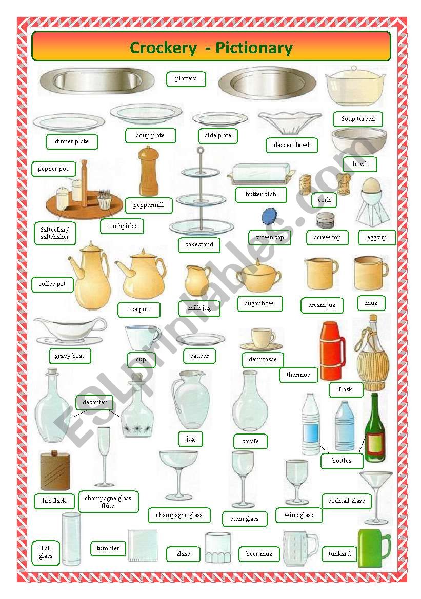 English Worksheets Crockery pictionary