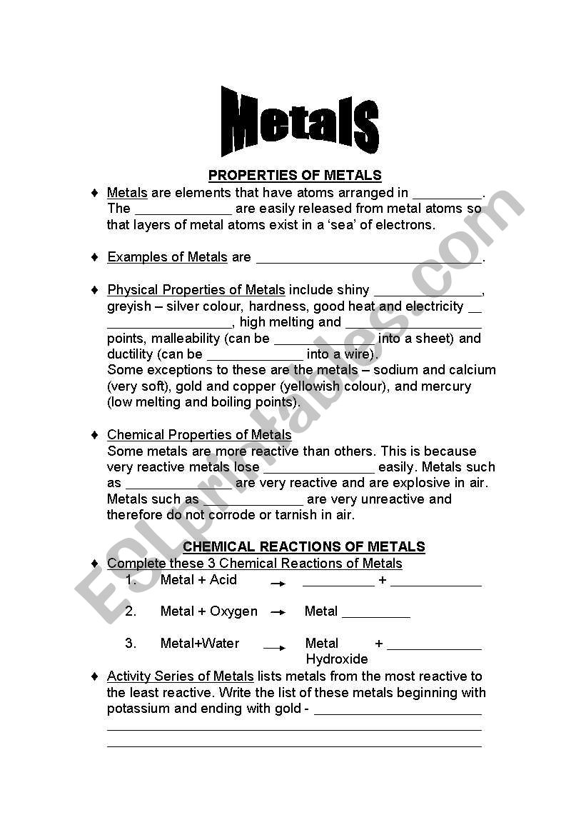 Metals ESL Worksheet By Eshy