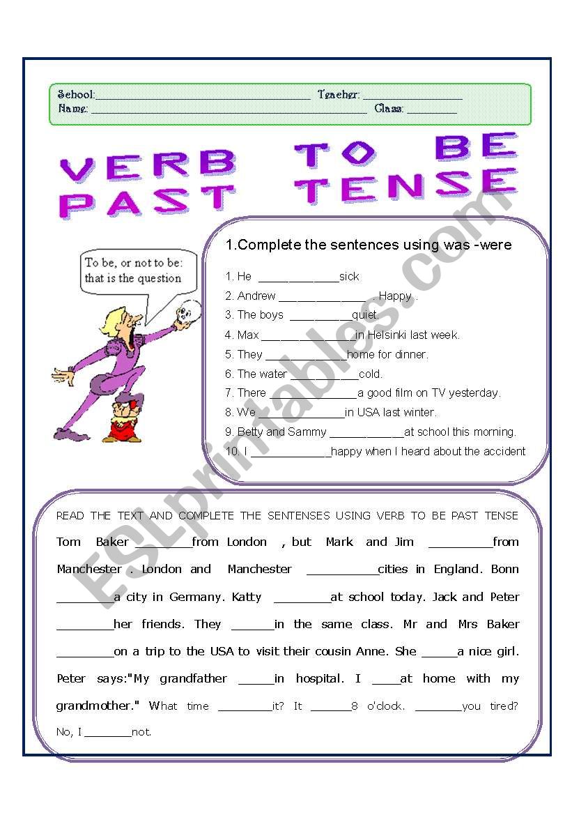 English Worksheets VERB TO BE PAST TENSE