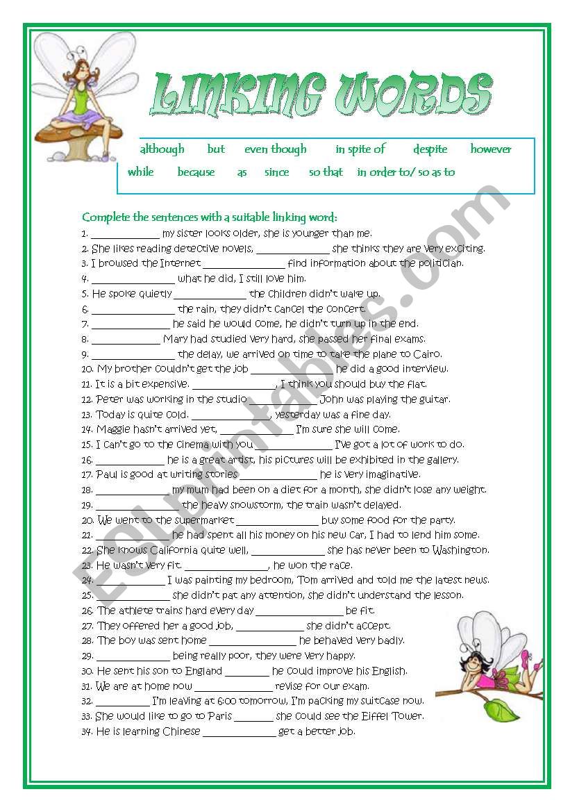 English Worksheets Linking Words