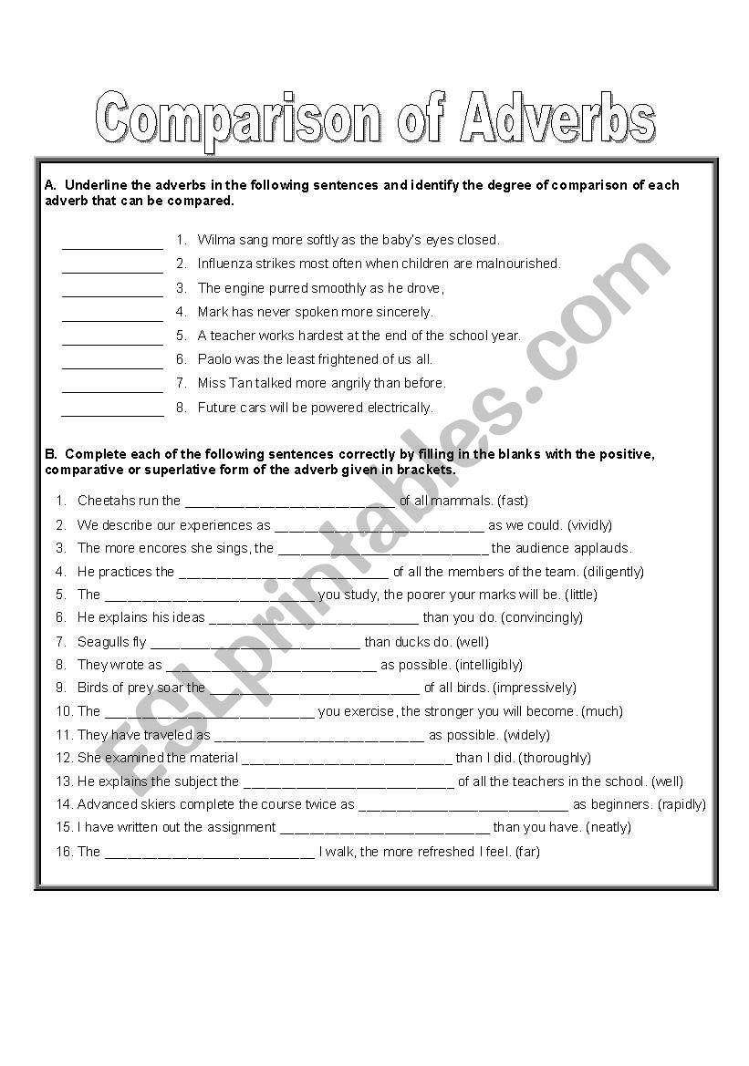 English Worksheets Comparison Of Adverbs