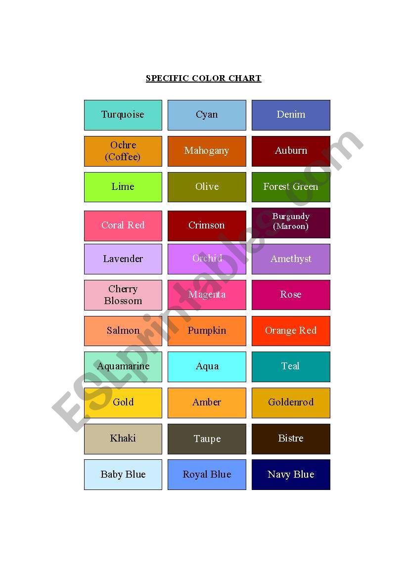 English worksheets Color Chart