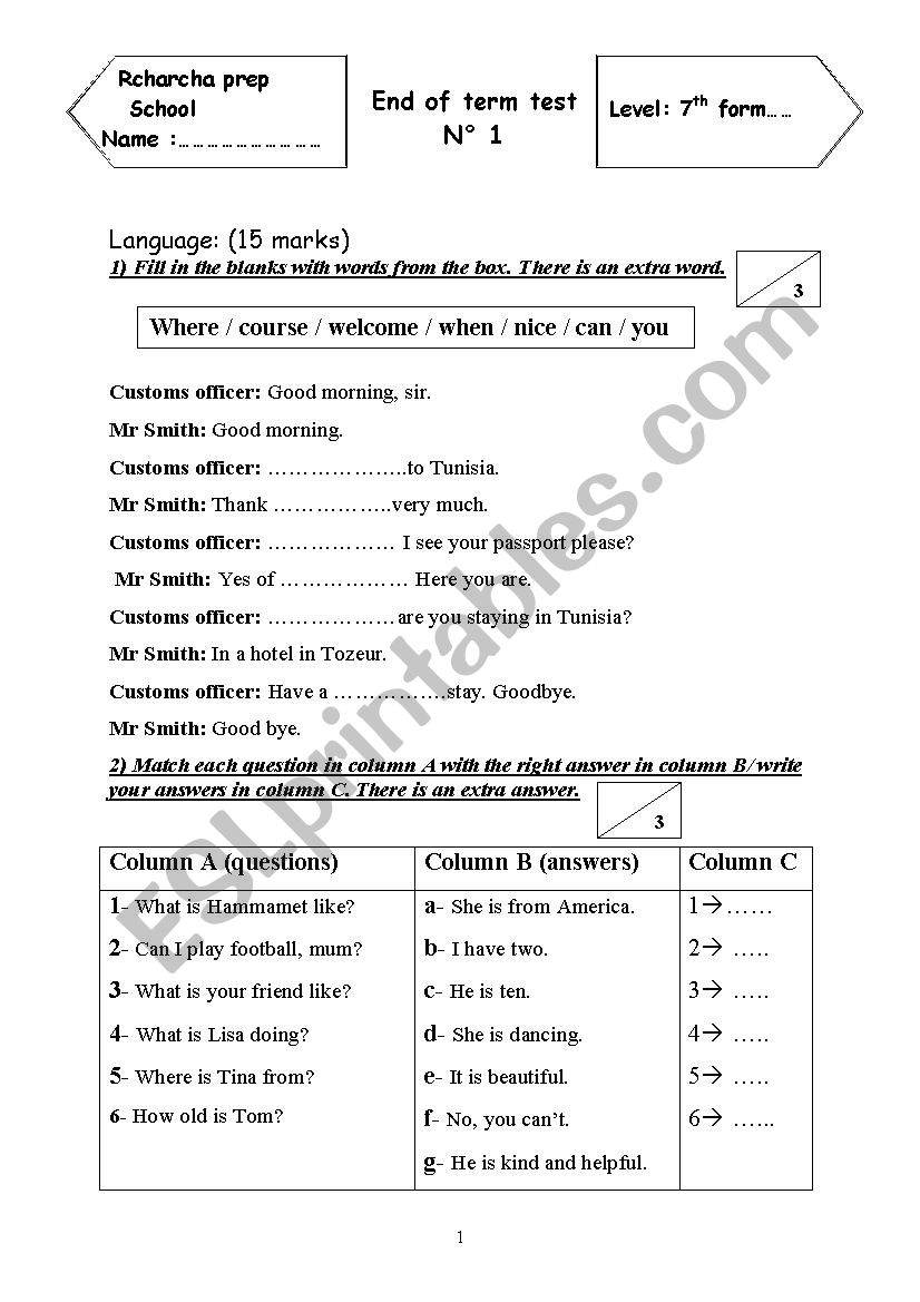 End Of Term Test N 1 7th Form ESL Worksheet By Day Dreamer