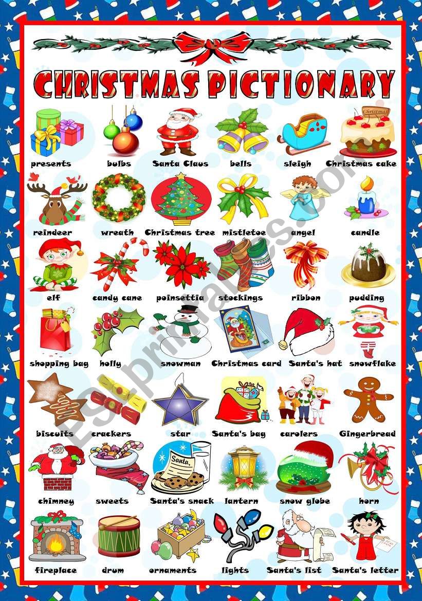 English Worksheets CHRISTMAS PICTIONARY B W VERSION INCLUDED 