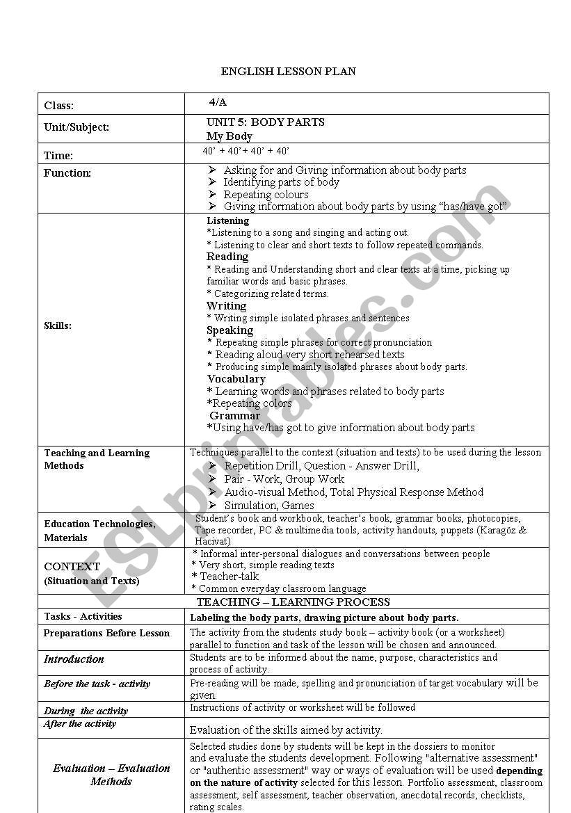 Lesson Plan Body Parts ESL Worksheet By Mrln