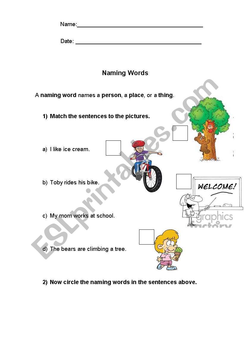 English Worksheets Naming Words