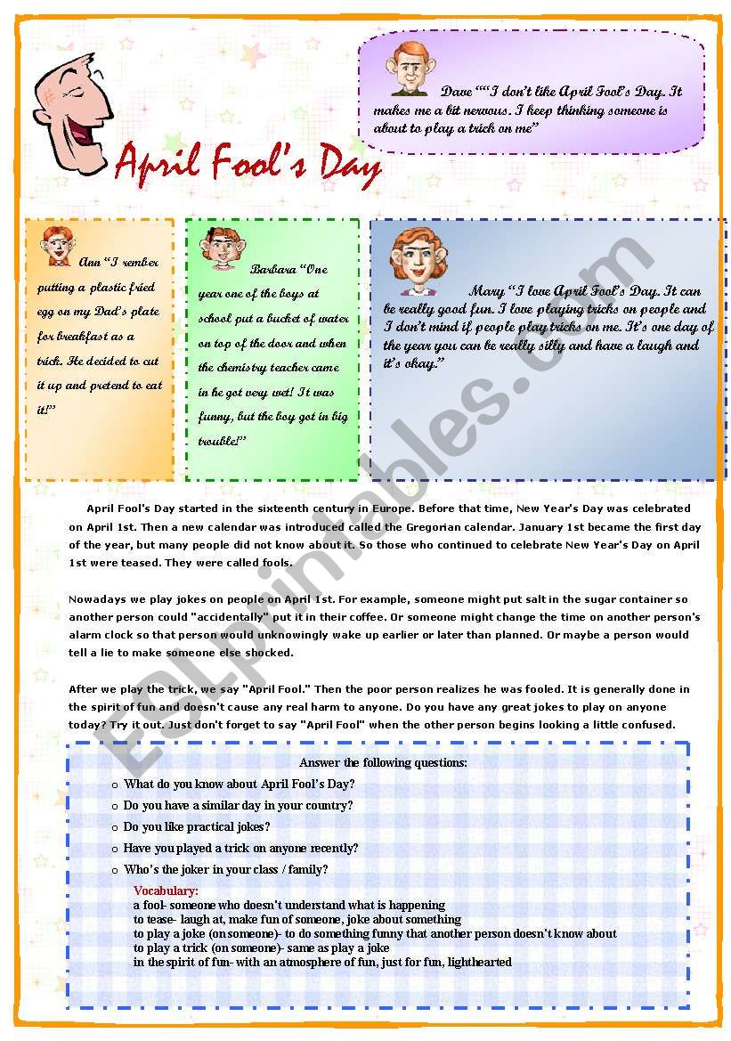 April Fools Day Esl Worksheet By Tanyabar