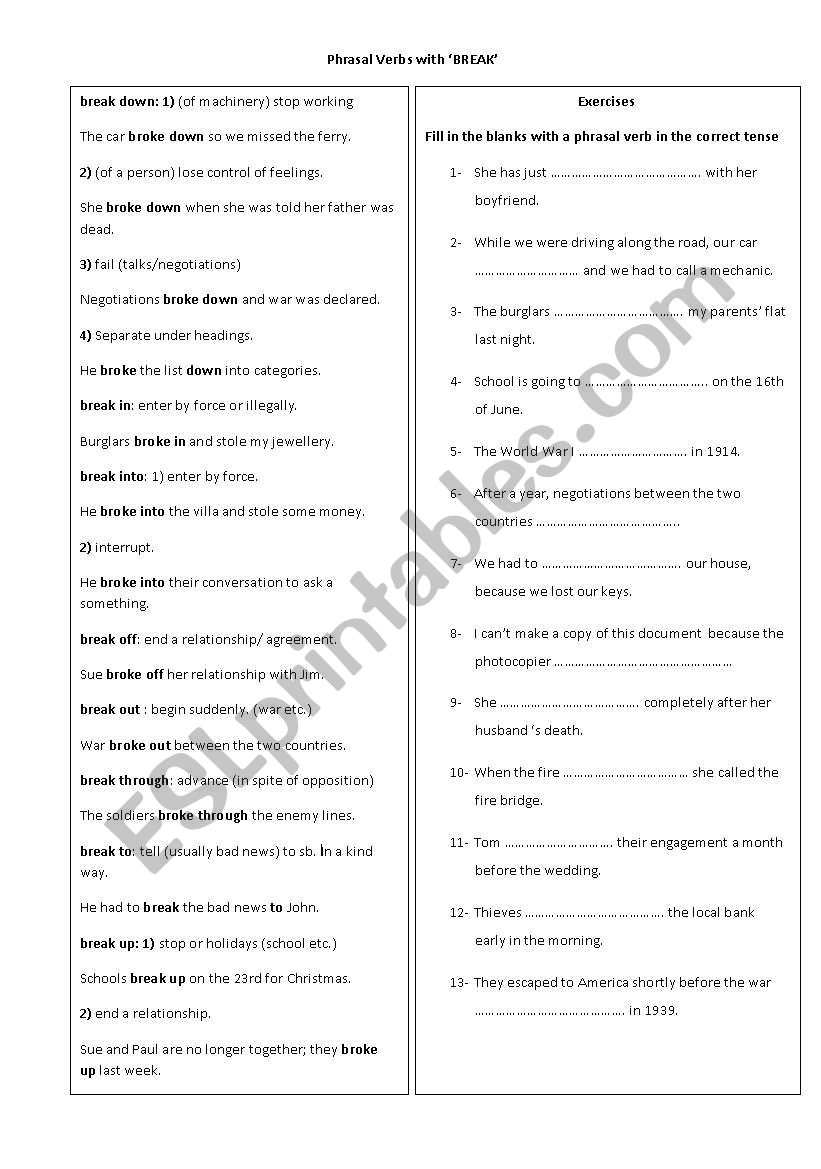 PHRASAL VERBS With BREAK ESL Worksheet By 83 87