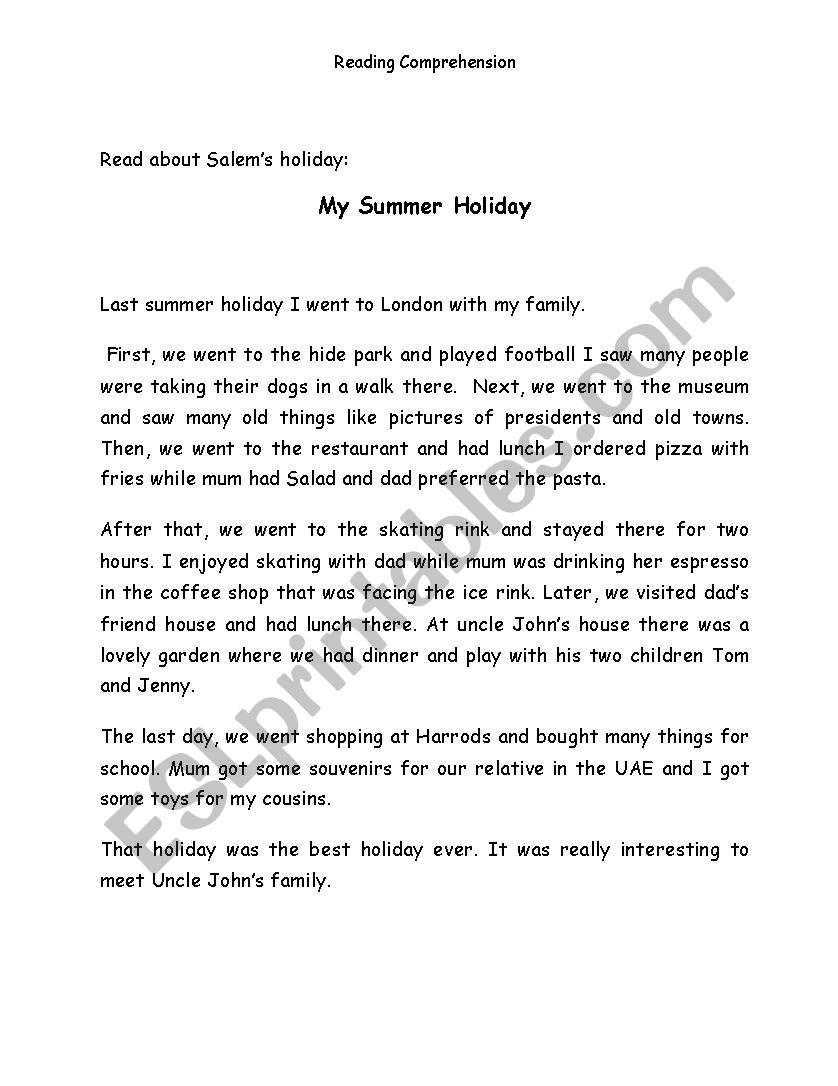 English Worksheets My Summer Holiday