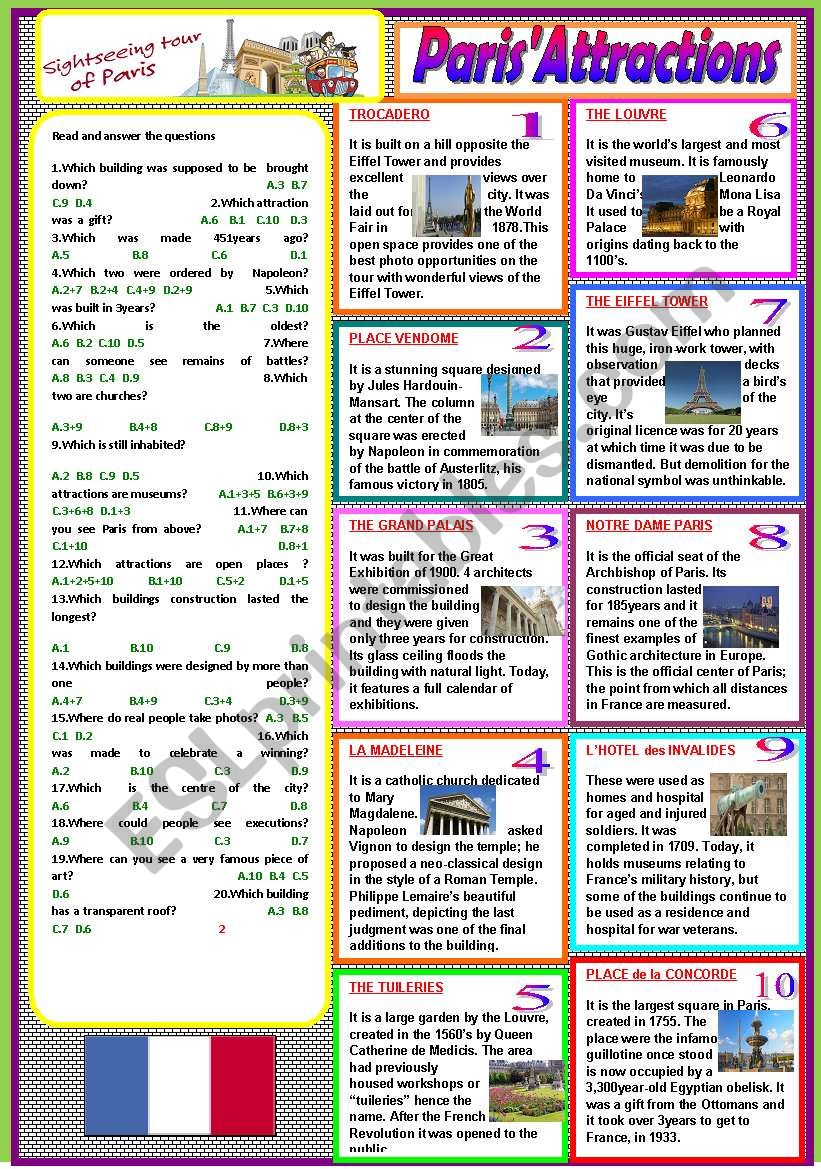 Paris Attractions ESL Worksheet By LILIAAMALIA