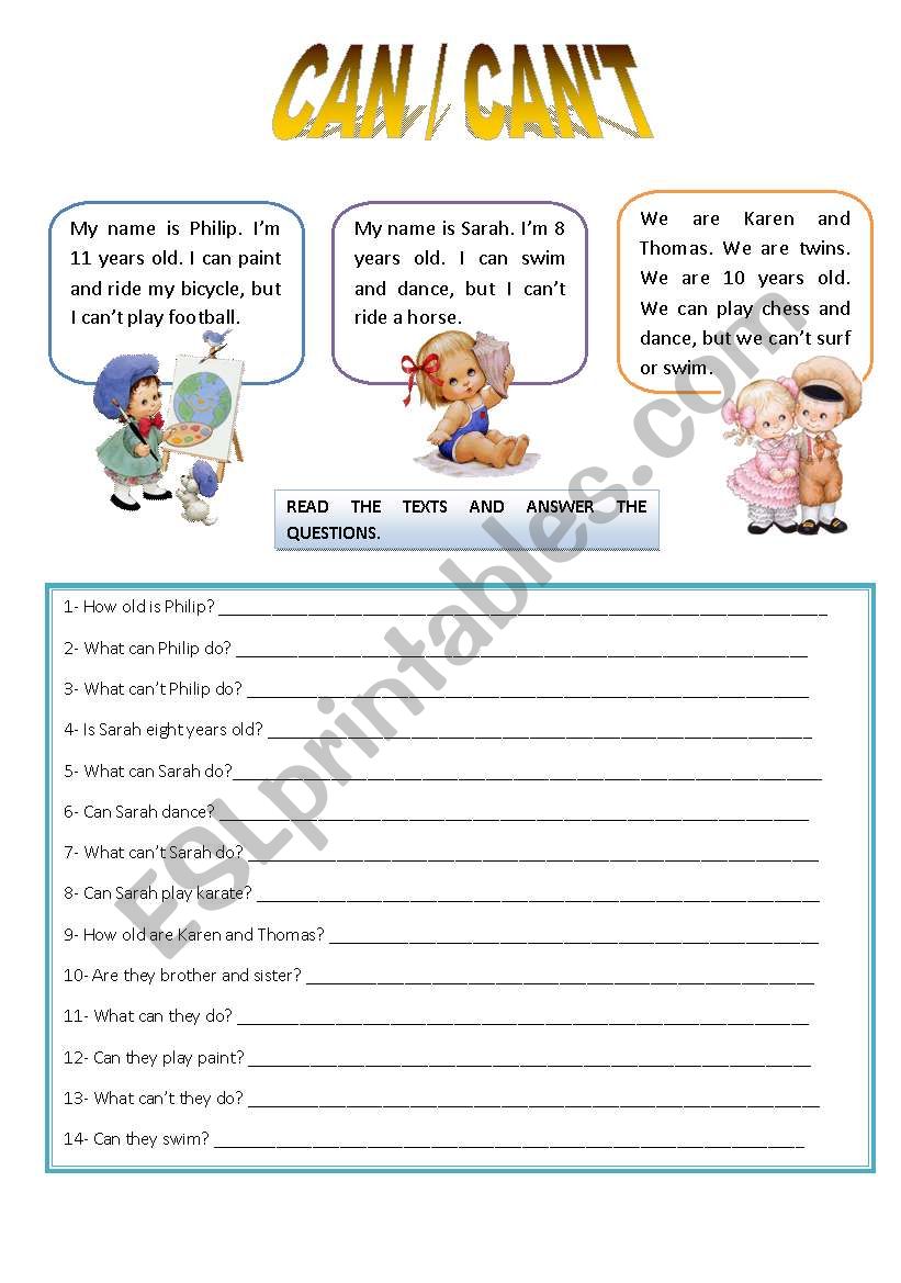 Can Cant Reading And Comprehension Esl Worksheet By Sandytita