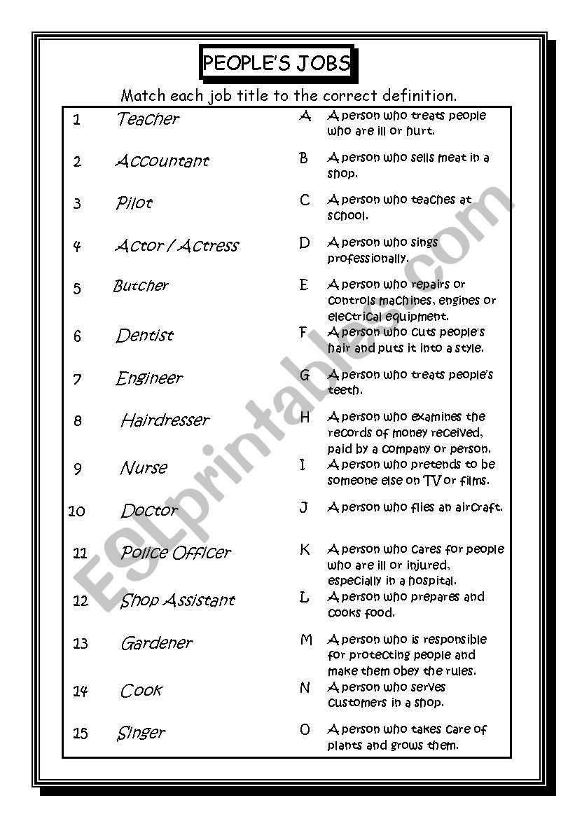 PEOPLES JOBS ESL Worksheet By Aylin London