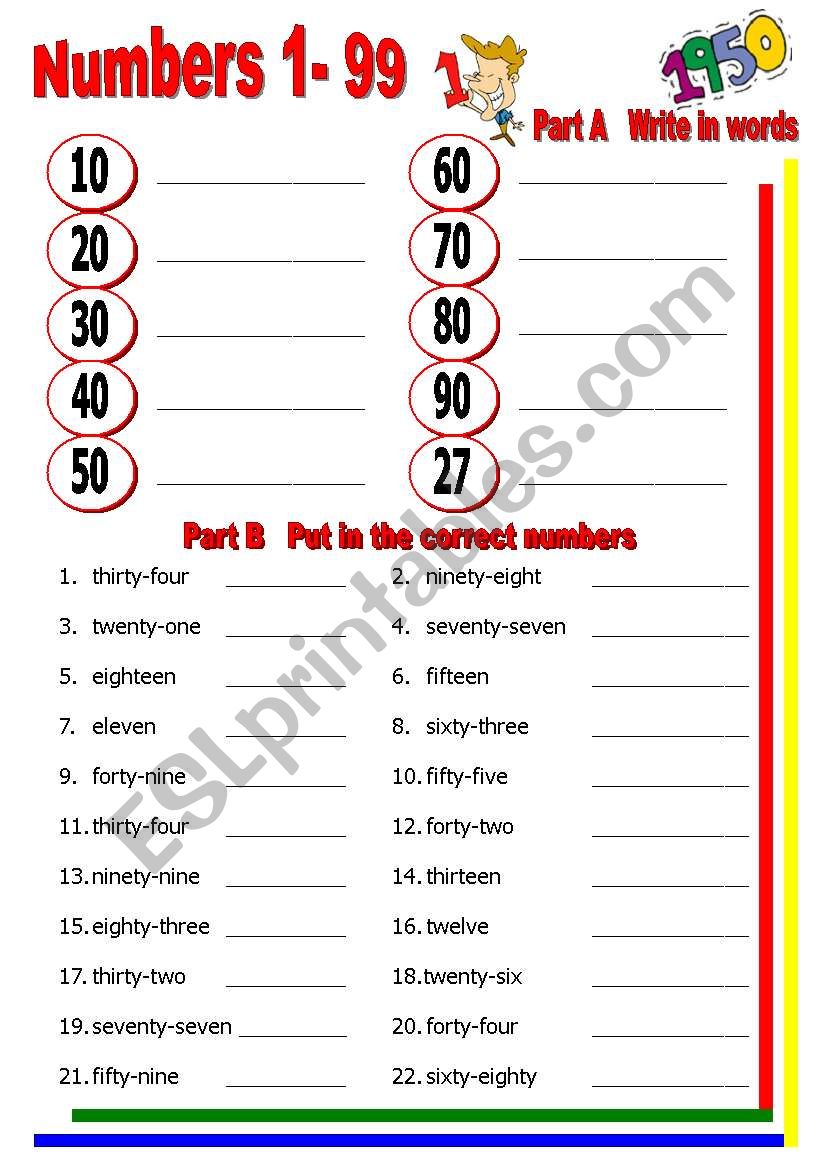 English Worksheets Numbers 1 99