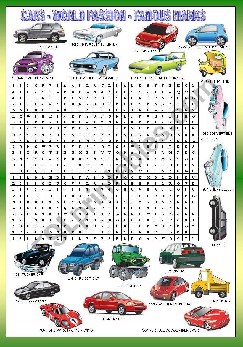 English Worksheets CARS WORDSEARCH KEY