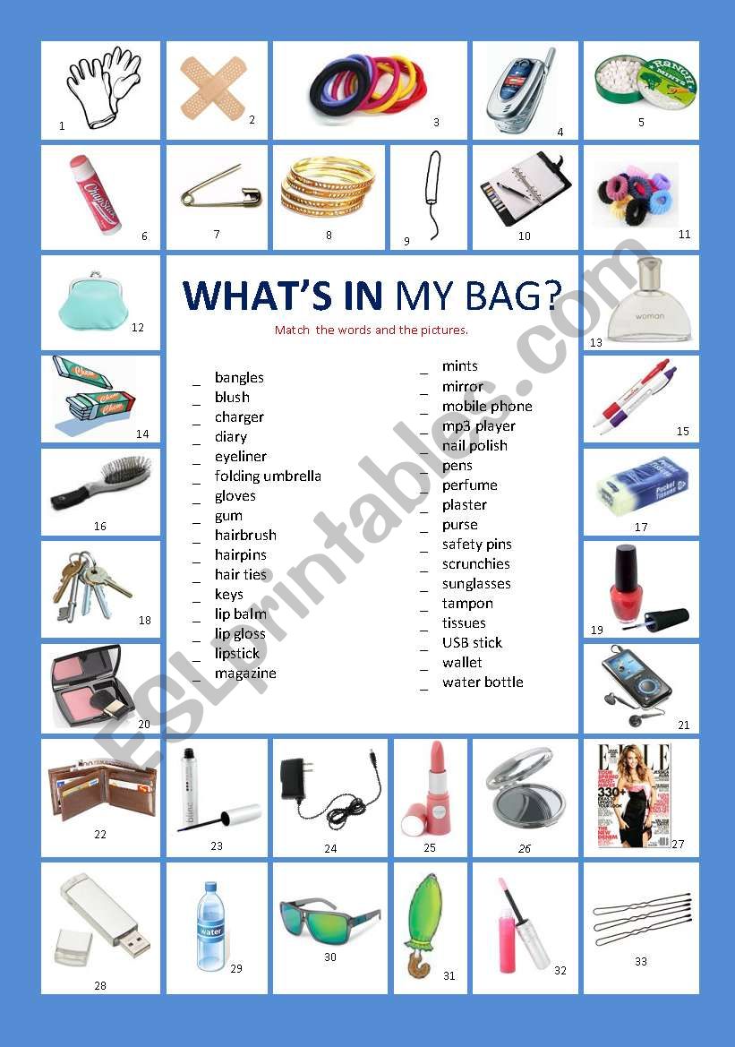 Whats In My Bag ESL Worksheet By Raquelb