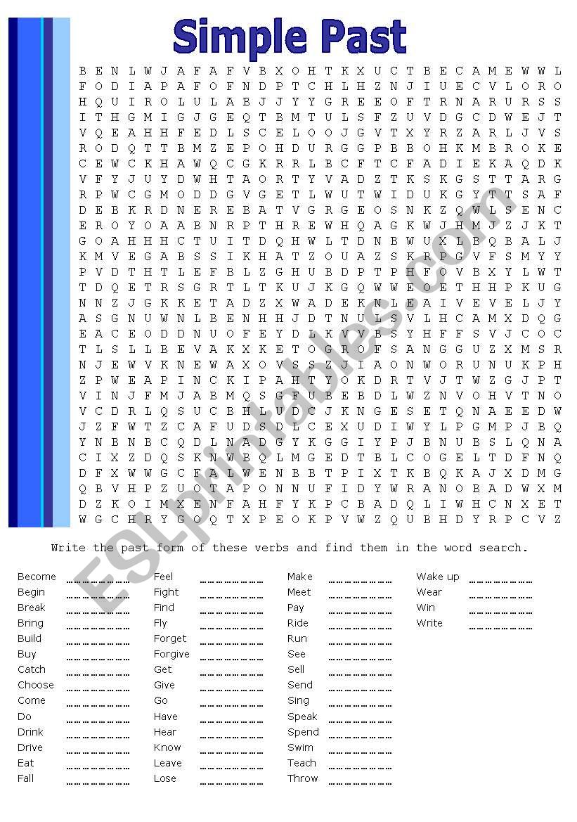 English Worksheets Simple Past Word Search