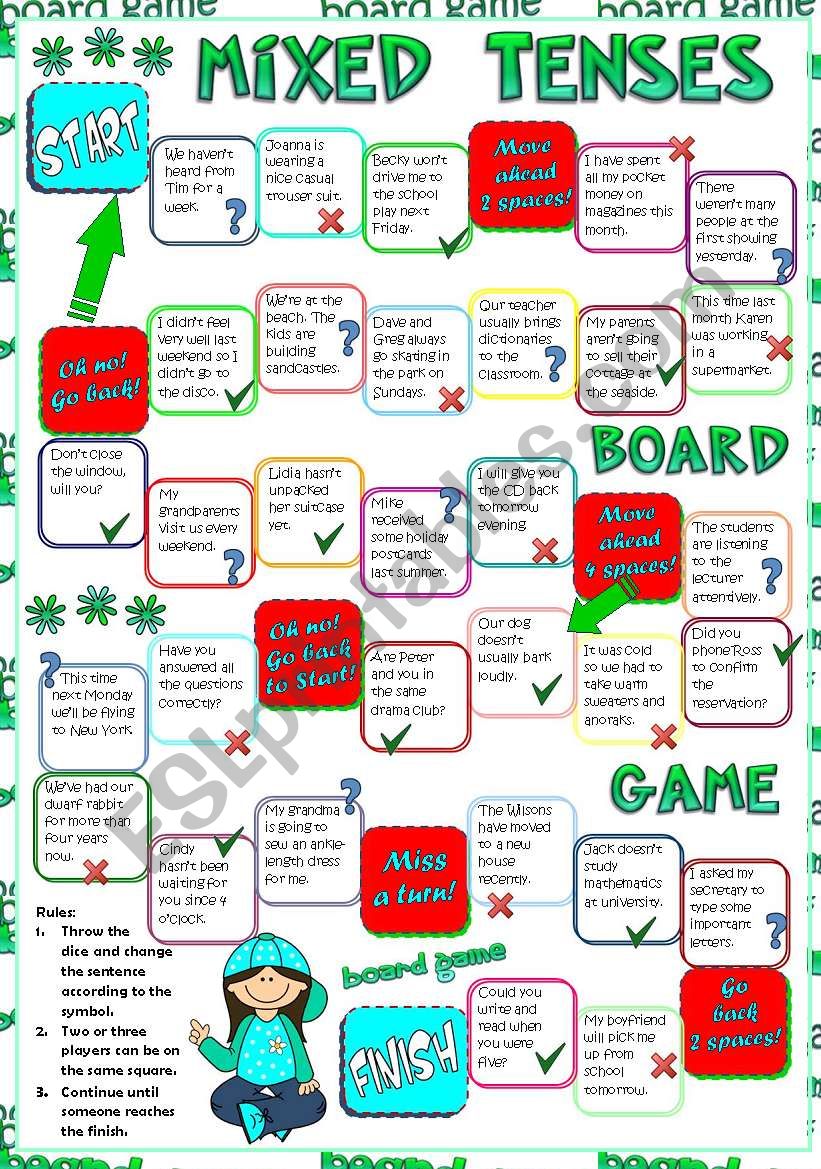 Mixed Tenses BOARD GAME greyscale Included ESL Worksheet By Mada 1