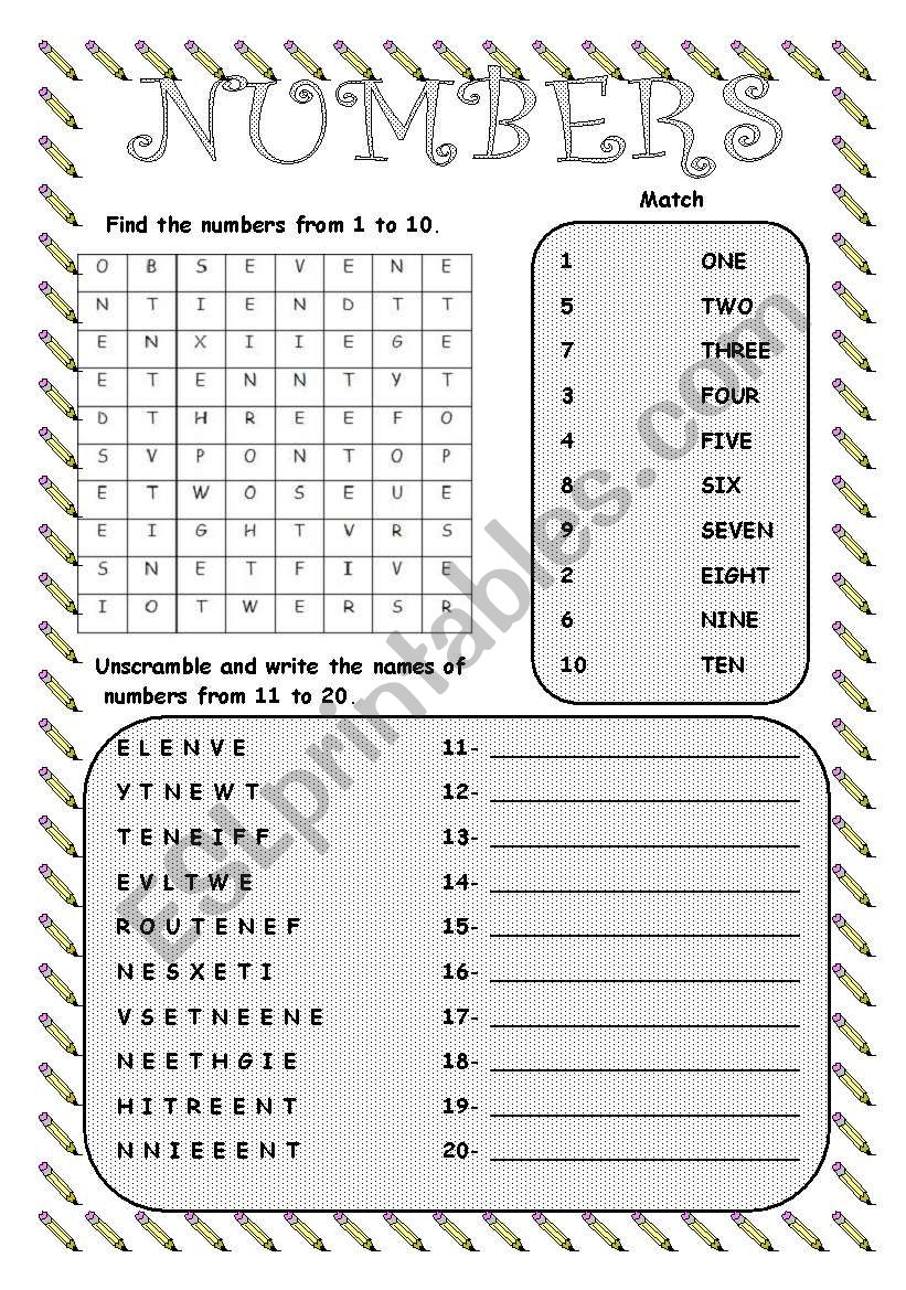 Numbers 1 20 Esl Worksheet By Monika79