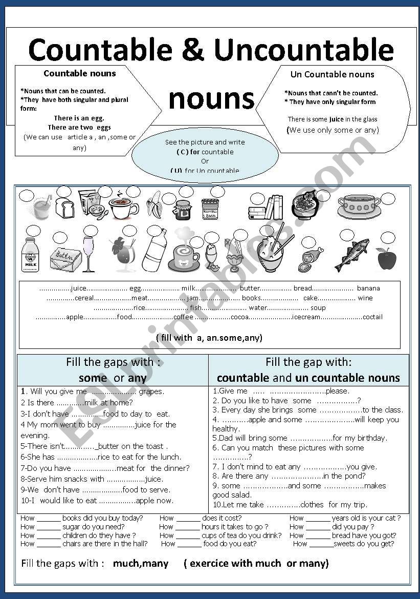 English Worksheets Countable And Uncountable Nouns
