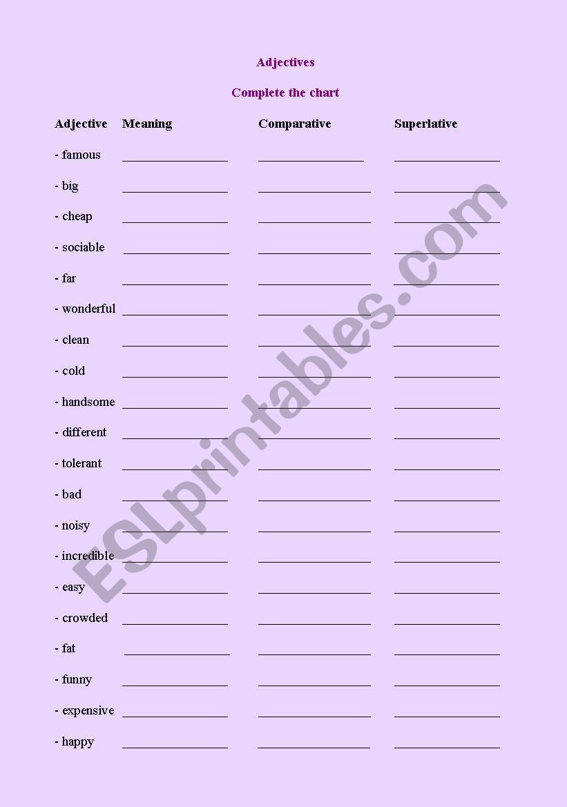 English Worksheets Adjectives Degrees Of Comparison