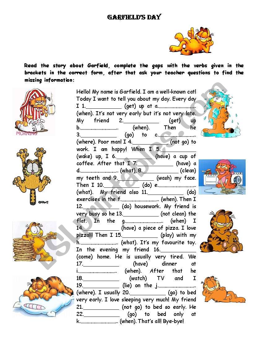 Garfields Day Esl Worksheet By Flower