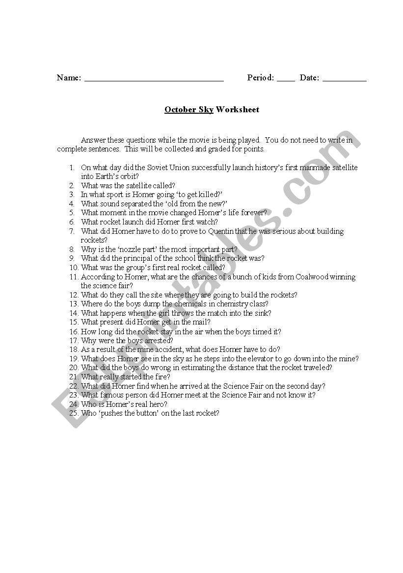 English Worksheets October Sky Worksheet