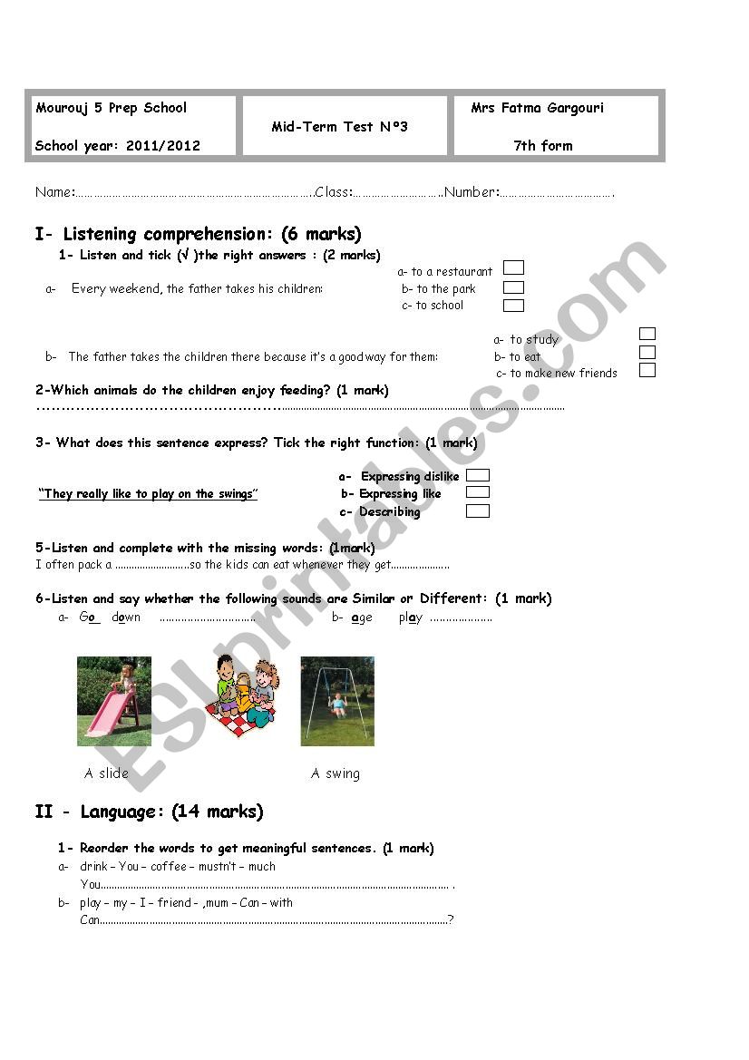 Mid Term Test N3 ESL Worksheet By Fatma Gargouri