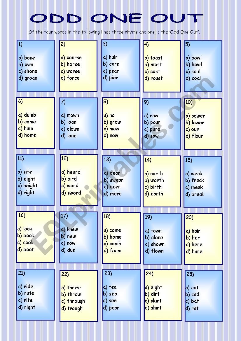 English Worksheets Odd One Out Rhyming Words