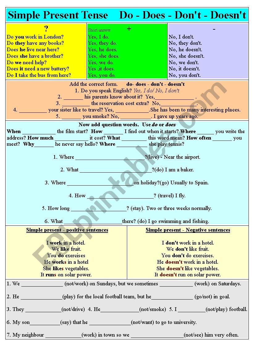 Simple Present Do Does Dont Doesnt Esl Worksheet By