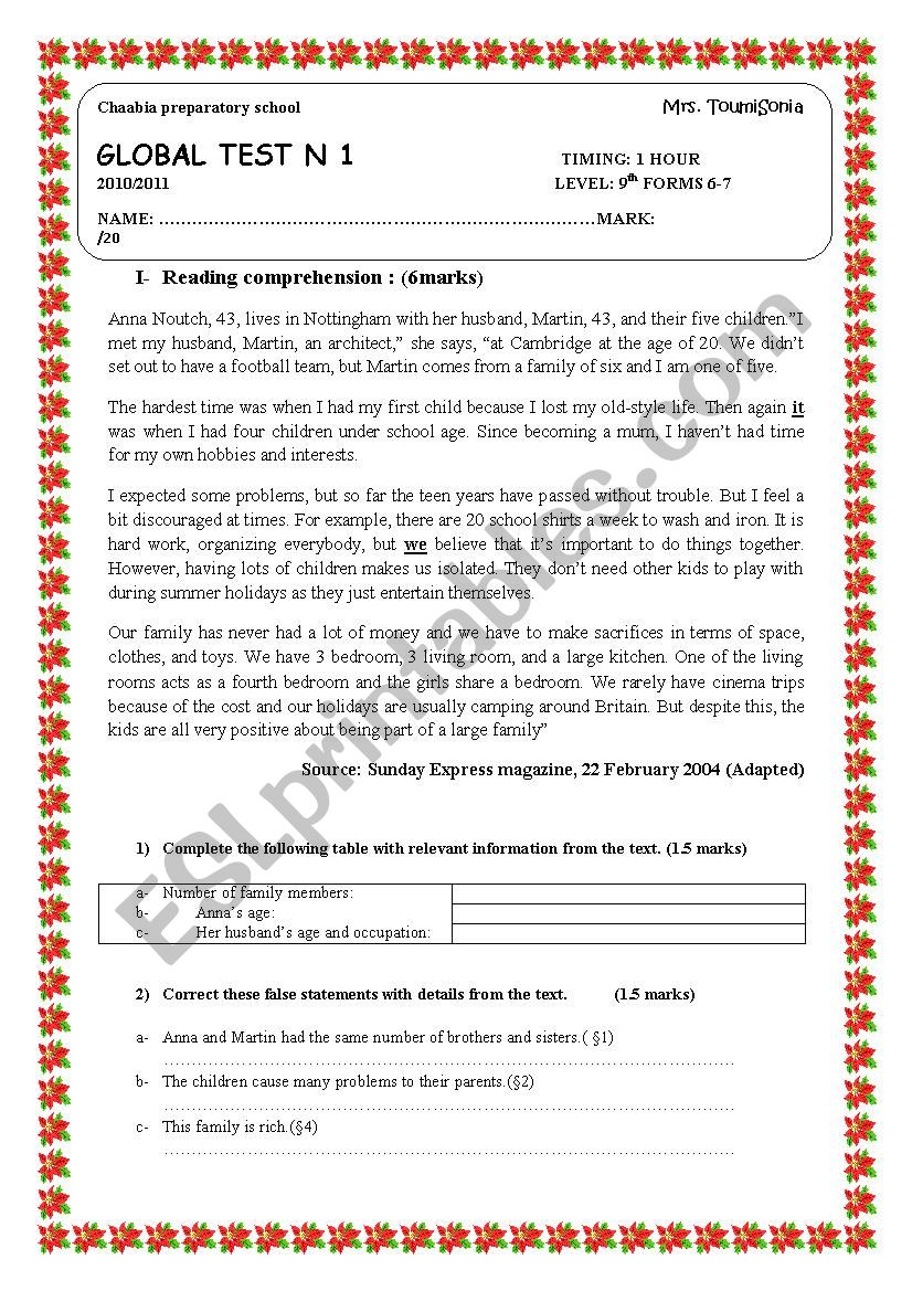 End Term Test N1 9th Forms ESL Worksheet By Toumisonia