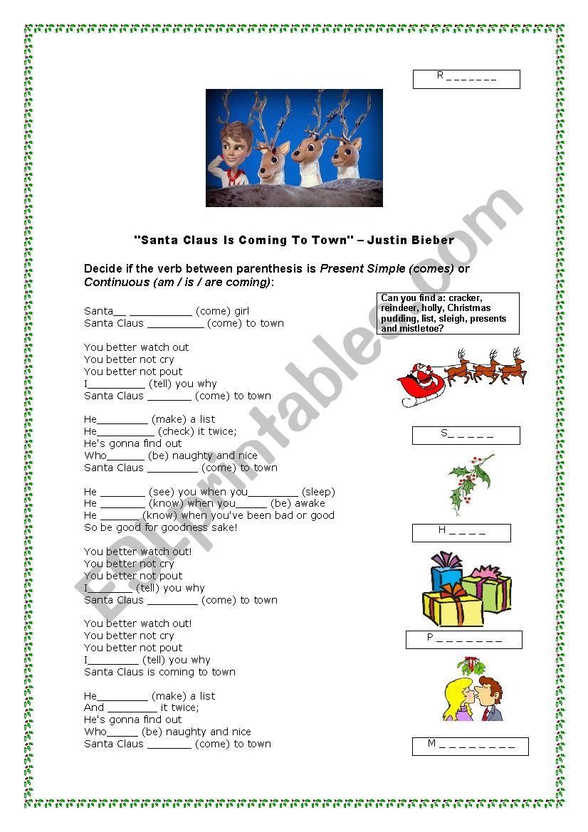 Justin Biebers Santa Claus Is Coming To Town ESL Worksheet By Mnuriadr