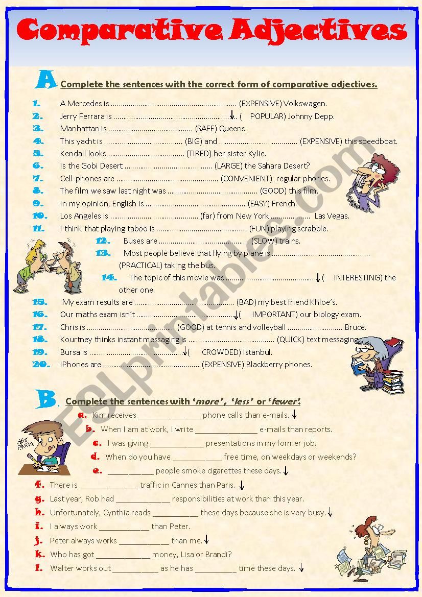 English Worksheets Comparative Adjectives More Less Fewer