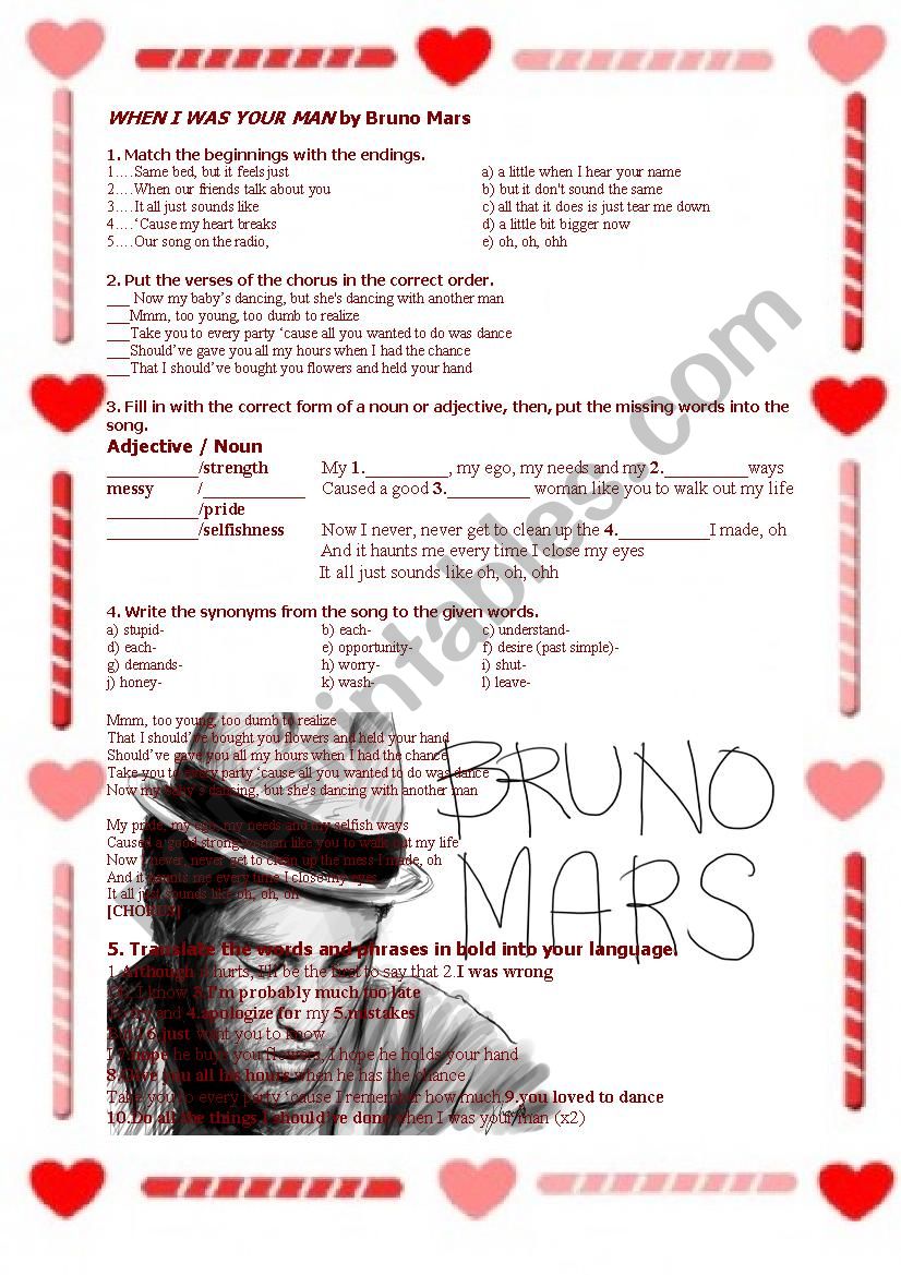 When I Was Your Man By Bruno Mars ESL Worksheet By Surykatka85agnieszka