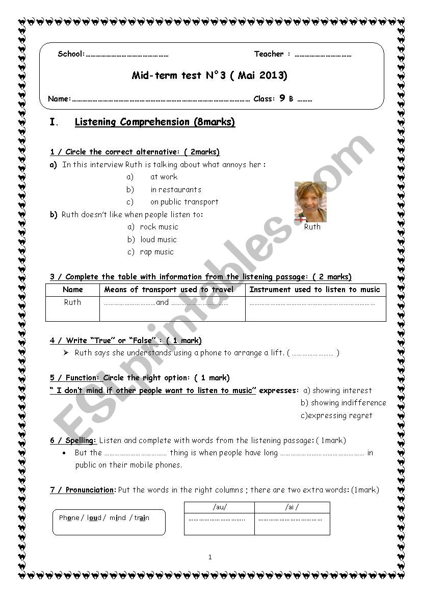 Mid Term Test N3 9th Form ESL Worksheet By Sallem