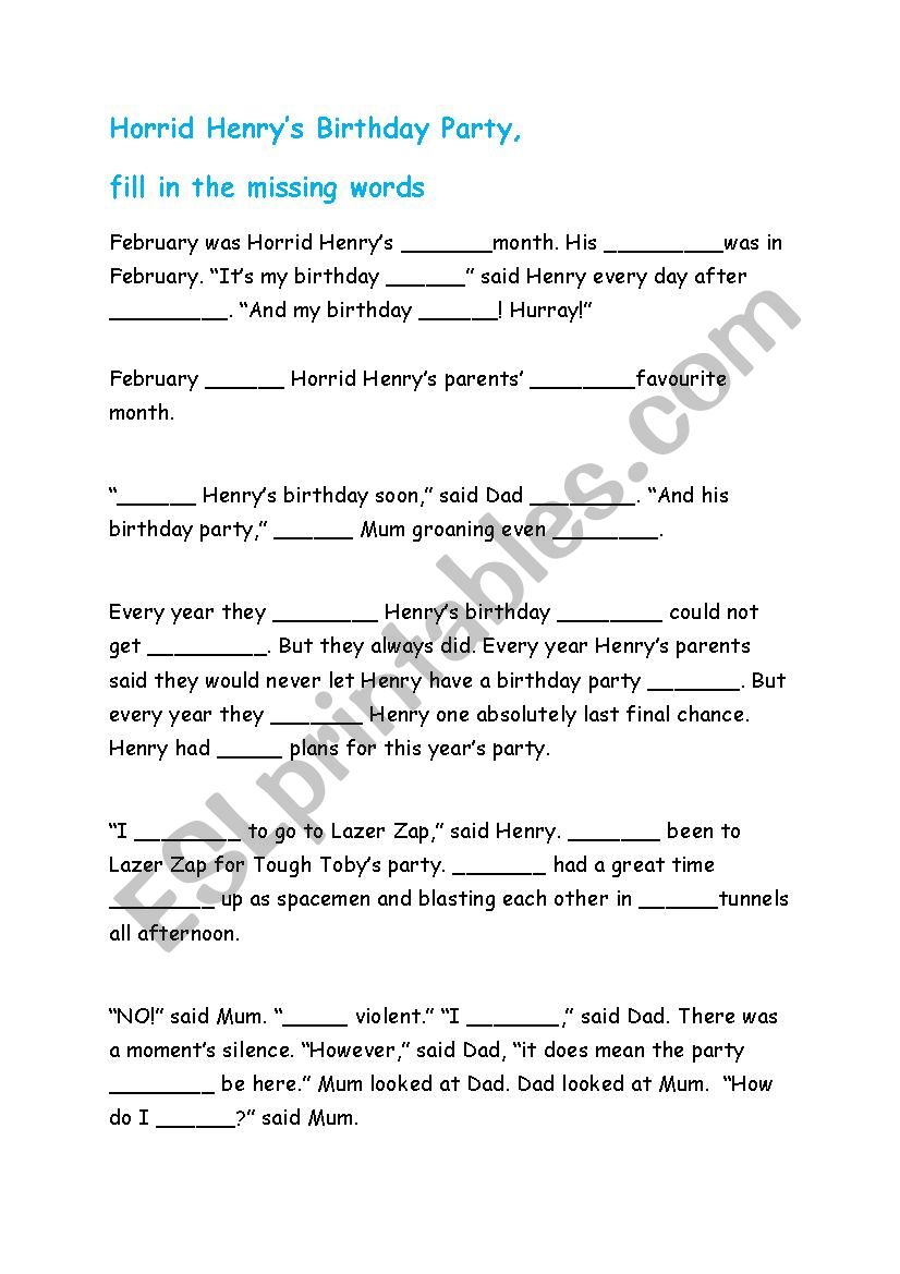 Horrid Henrys Birthday Party Esl Worksheet By Annistangvik