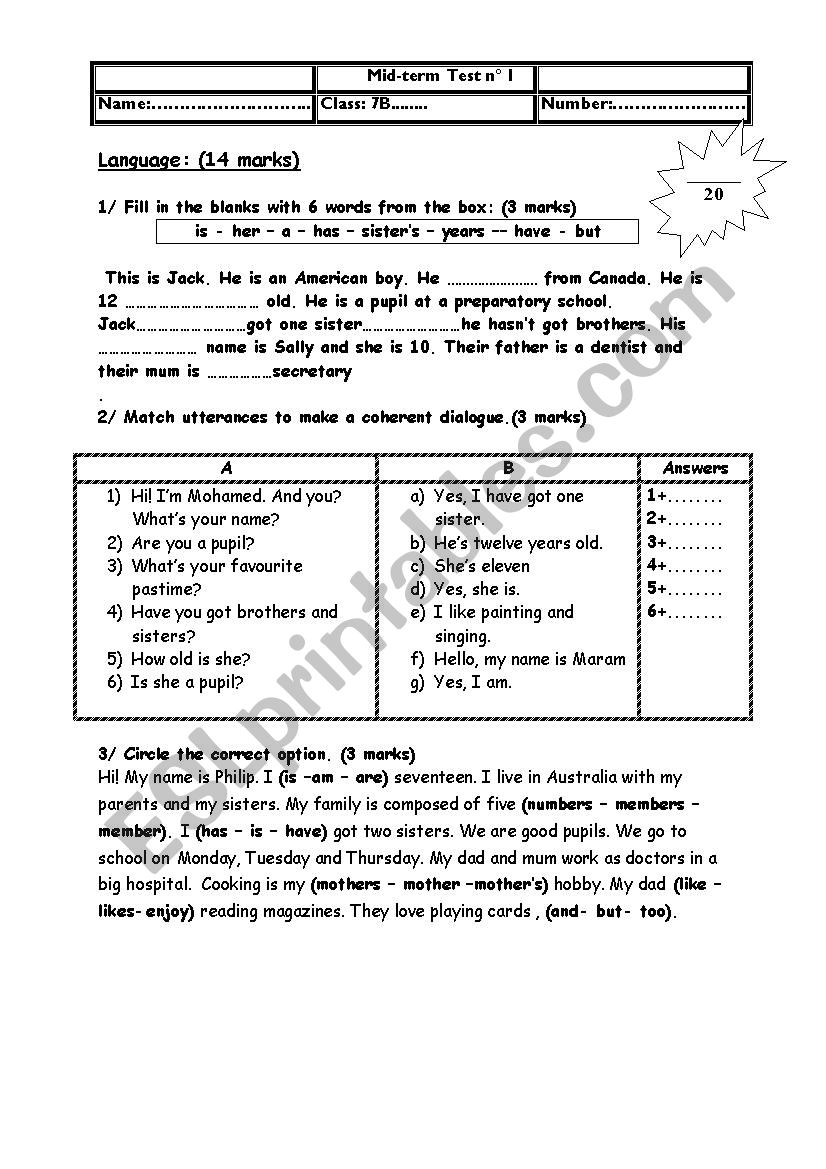 Mid Term Test N Th Form Esl Worksheet By Sondoussa