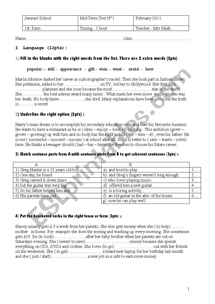 Mid Term Test N Esl Worksheet By Roufa