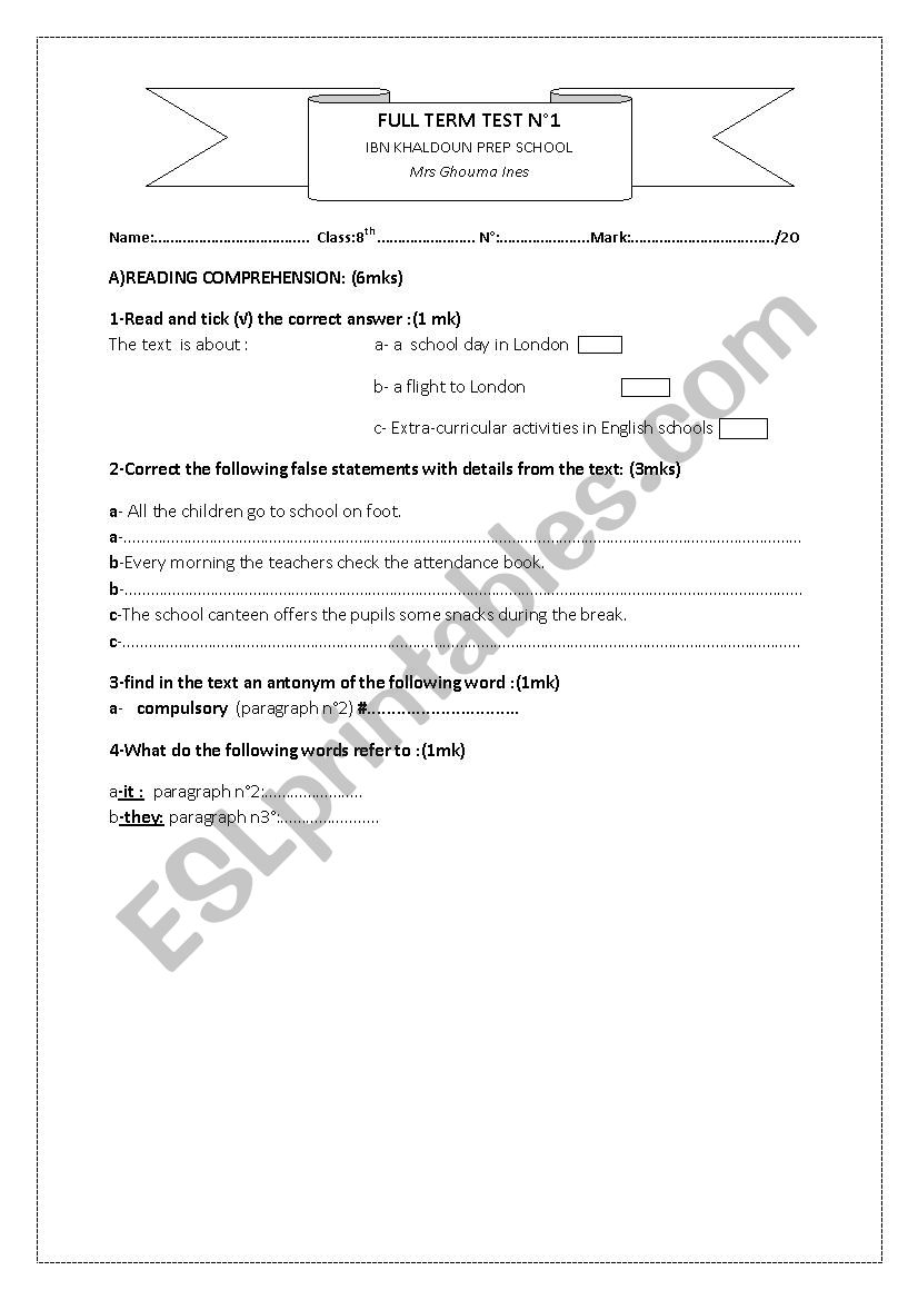 Full Term Test N Th Form Esl Worksheet By Toutazou