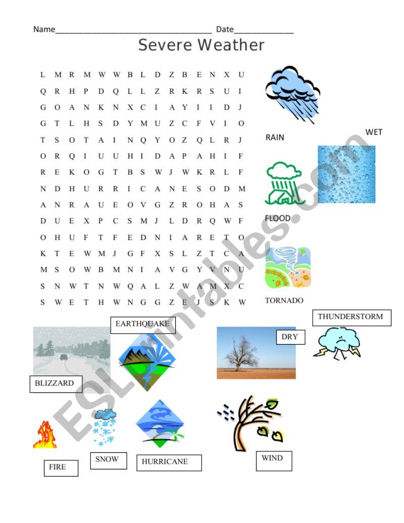 English Worksheets Severe Weather Word Search