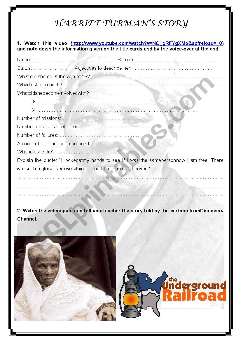 English worksheets Harriet Tubman´s story