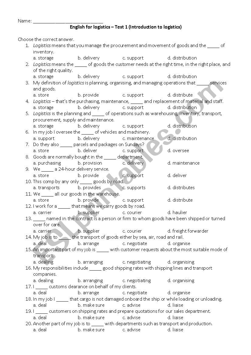 English Worksheets: English For Logistics Test 1 (Introduction To ...