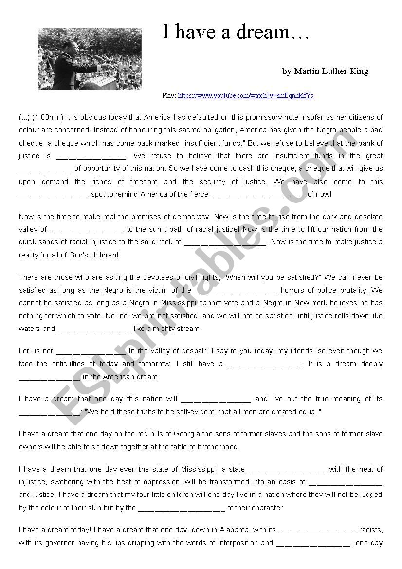 Martin Luther Kings Speech ESL Worksheet By Filbarbosa