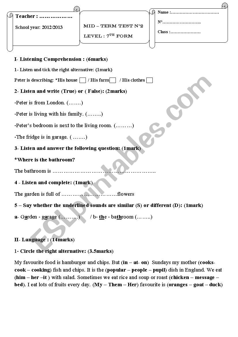 Mid Term Test N2 7th Form Tunisia ESL Worksheet By Dorsafthraya