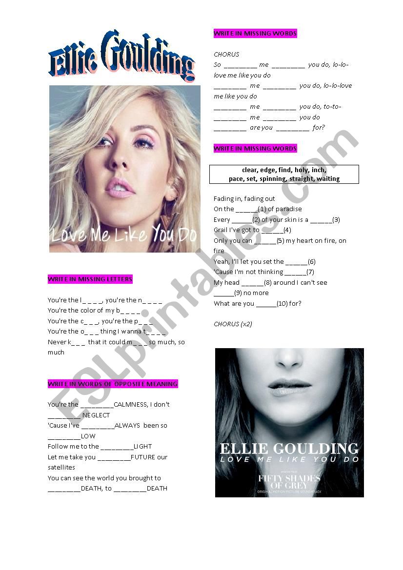 Ellie Goulding Love Me Like You Do Esl Worksheet By Pawag