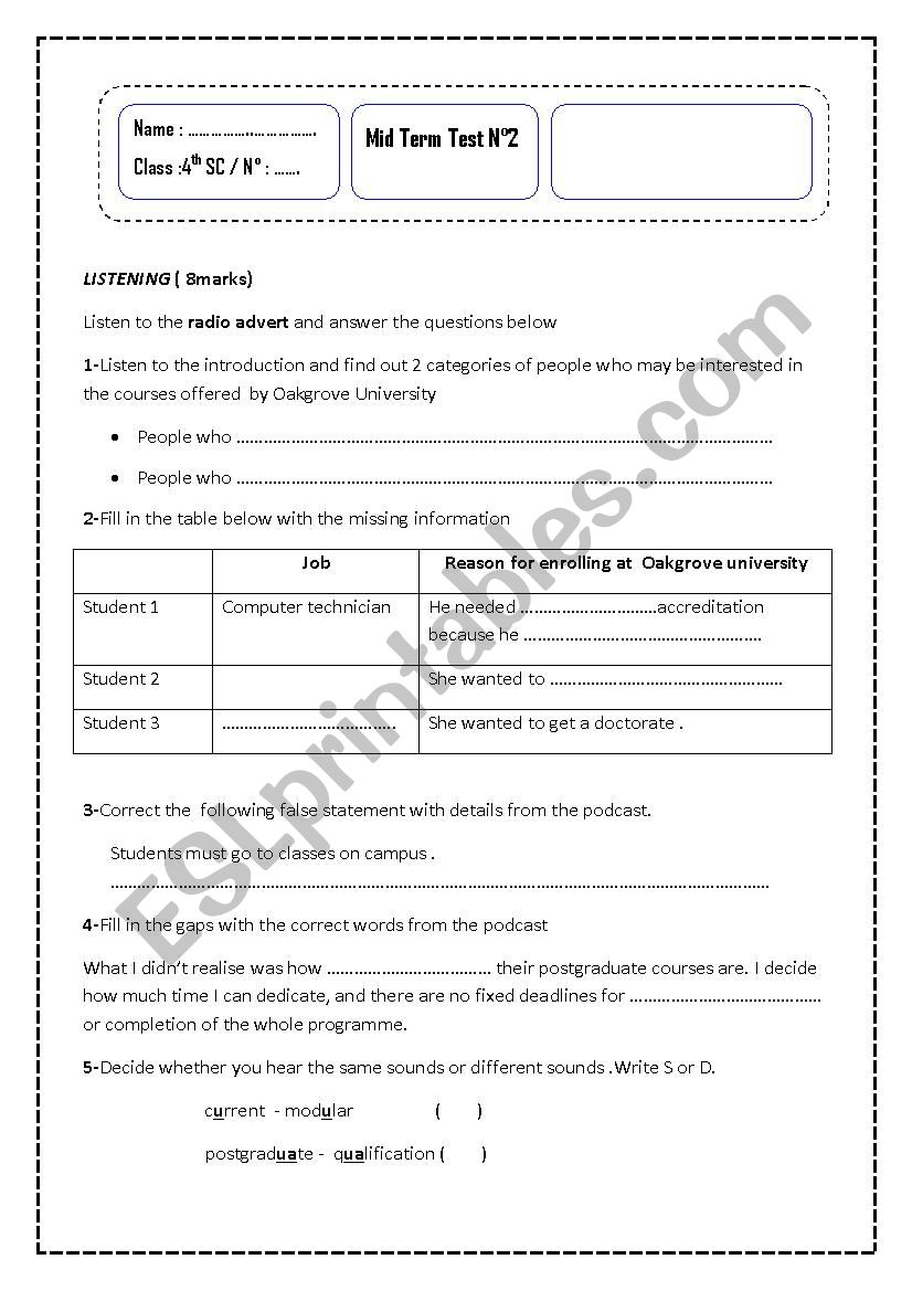 Mid Term Test N Esl Worksheet By Aicha Abdou