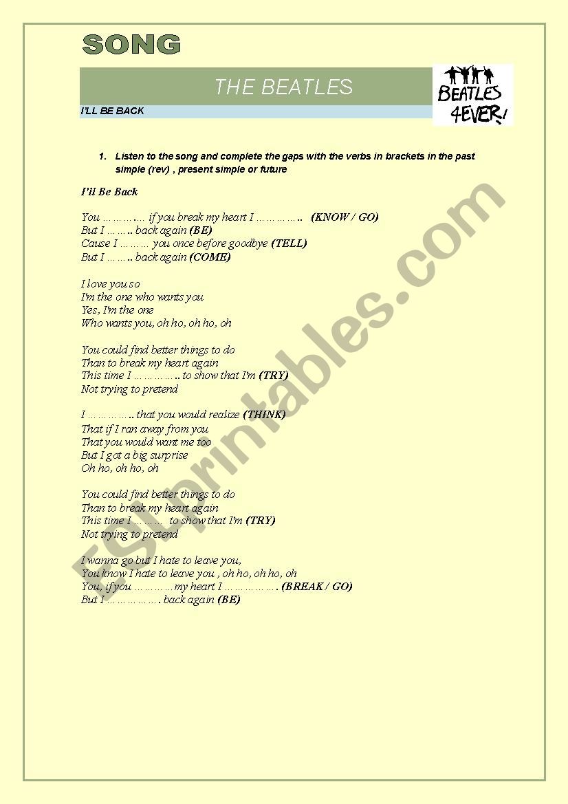 Ill Be Back By The Beatles Esl Worksheet By Ring A