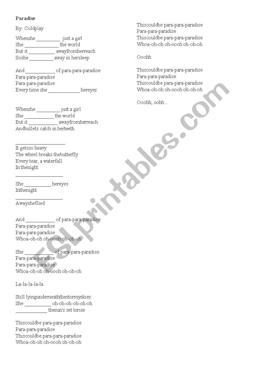 Coldplays Paradise Worksheet Esl Worksheet By Teacherssampaio