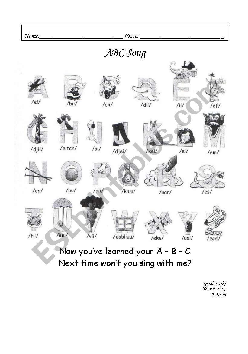 English Worksheets ABC Song Lyrics