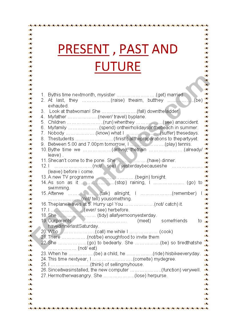 MIXED TENSES PRESENT PAST AND FUTURE ESL Worksheet By Quintipuce