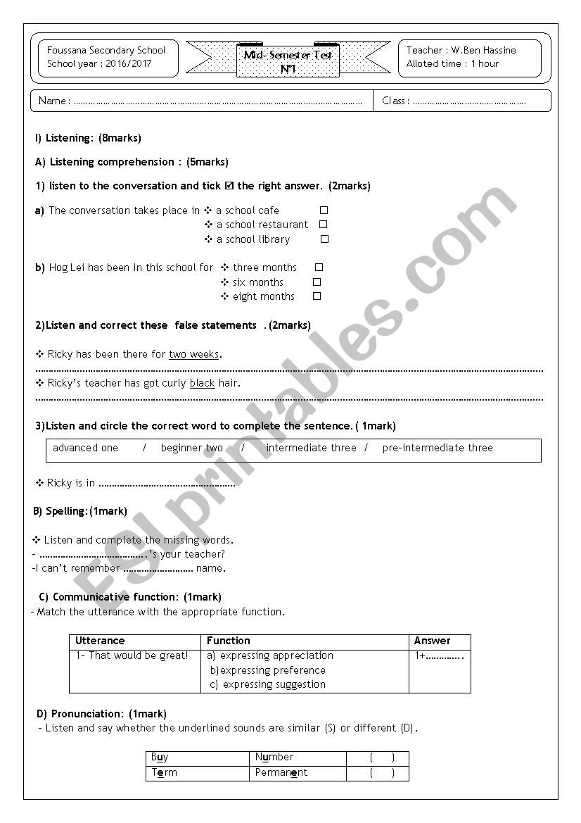 Mid Semester Test N St Form Esl Worksheet By Wafouta